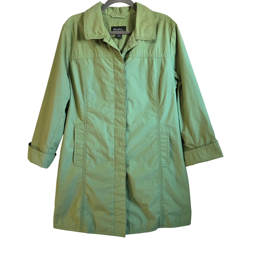 Eddie Bauer Classic Chic Womens XL Apple Green Trench Coat Hidden Button Front